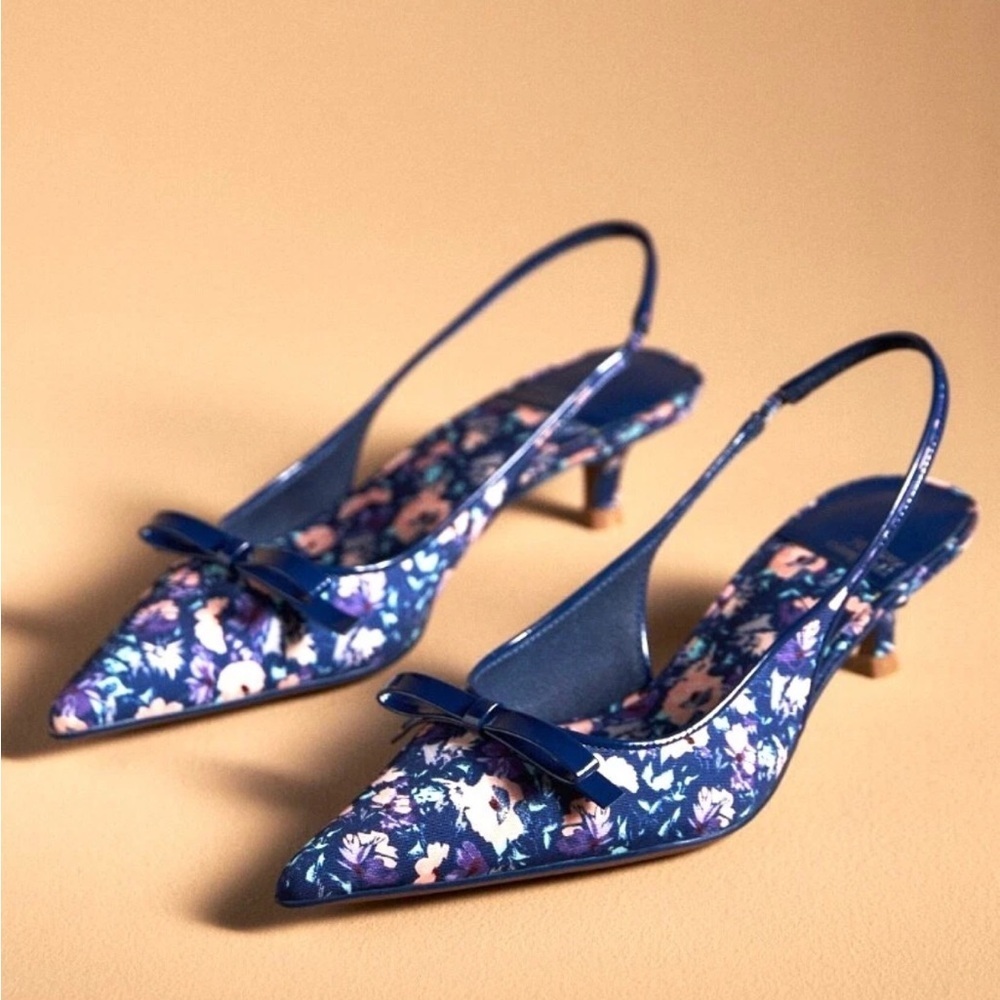 Jeffrey Campbell Blue Bow Multicolor Floral Slingback Kitten Heel Size 6.5